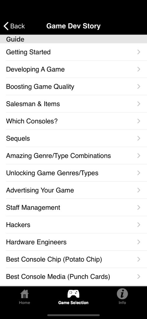 Mobile Cheats for iOS Games - Menu of cheat guides and walkthrough topics for Game Dev Story in the Mobile Cheats app
