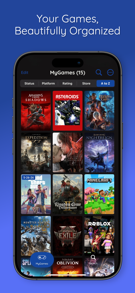 MyGames Database - A smartphone screen displaying the MyGames Database app with a beautifully organized grid of video game covers and sorting filters.