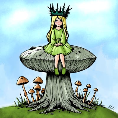 realistic girl sitting on a huge tree stump size toadstool with thorn crown