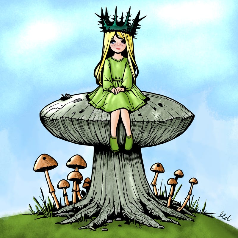 realistic girl sitting on a huge tree stump size toadstool with thorn crown