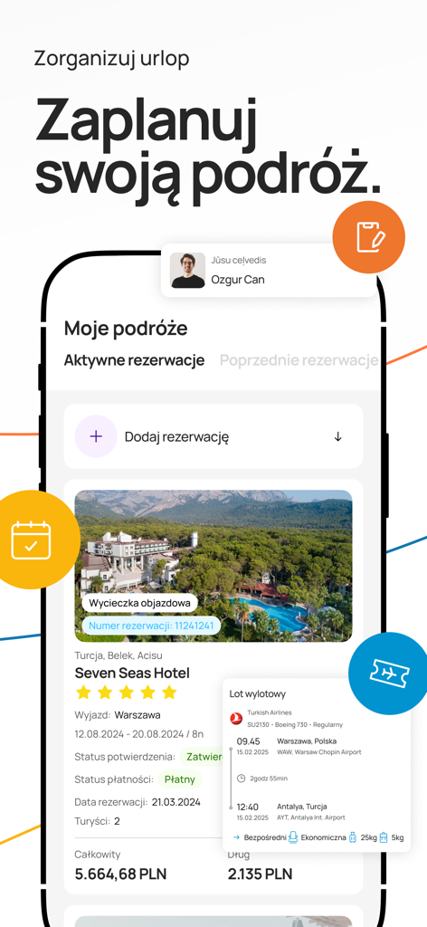 Coral Travel Poland app reservation screen showing hotel and flight details