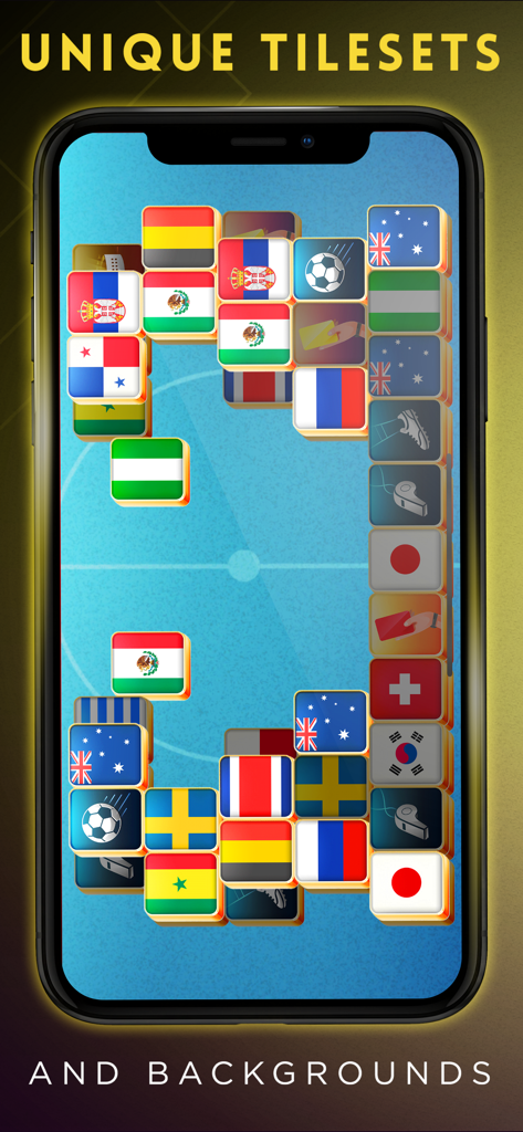 Mahjong Gold - Majong Master - Ein Handy-Bildschirm, der Mahjong Gold mit benutzerdefinierten Weltflaggen-Kacheln und einem Fußballfeld-Hintergrund zeigt.