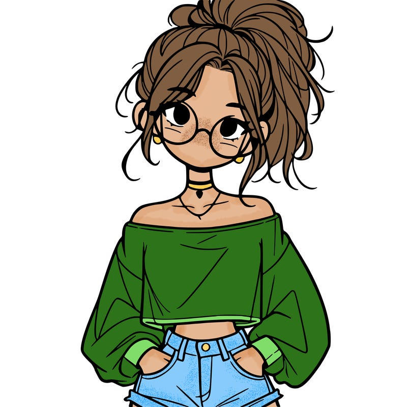 girl with a messy ponytail glasses a baggy crop top and jean shorts