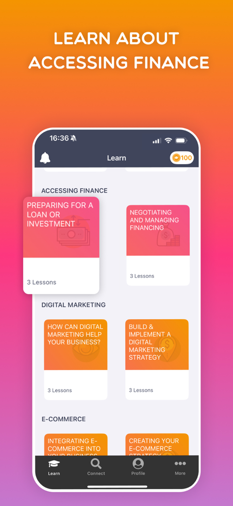 eLearning Courses: HerVenture - A mobile app screen for HerVenture displaying various business learning modules including finance digital marketing and e-commerce