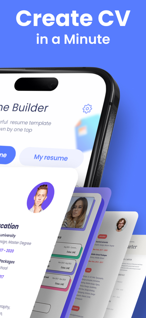 PDF CV Builder: Resume Maker - PDF CV Builderアプリのモバイル画面、複数のプロフェッショナルな履歴書テンプレートと「1分で履歴書作成」のスローガンを表示
