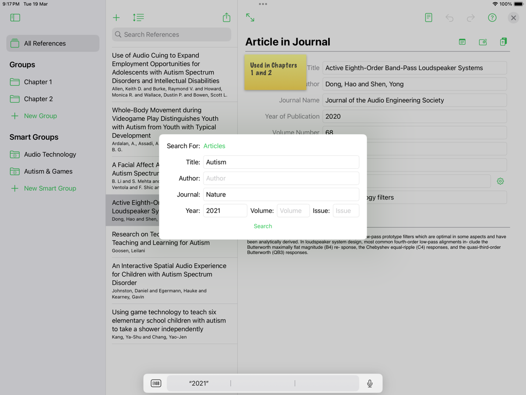 Reference Tracker - Reference Tracker app on iPad showing an article search window over a list of academic references and bibliographic details.