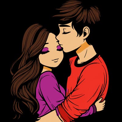 a realistic couple boy and girl hugging and kissing