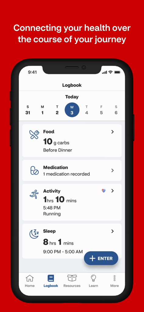 Health Optimizer app logbook displaying daily records for food, medication, activity, and sleep