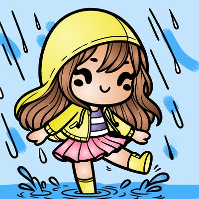 girl dancing in the rain with long hair and rain jacket
