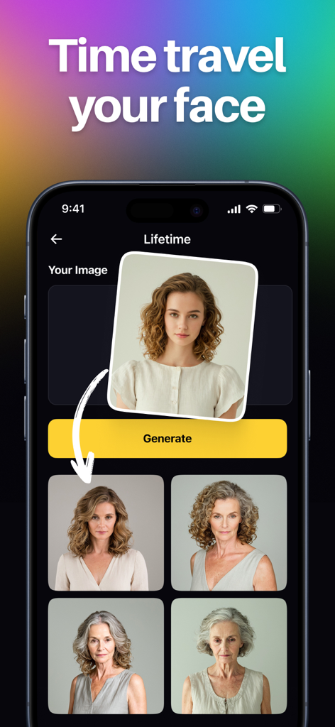 Crisp - AI Photo Enhancer - Crisp AI app Lifetime feature showing face aging transformation