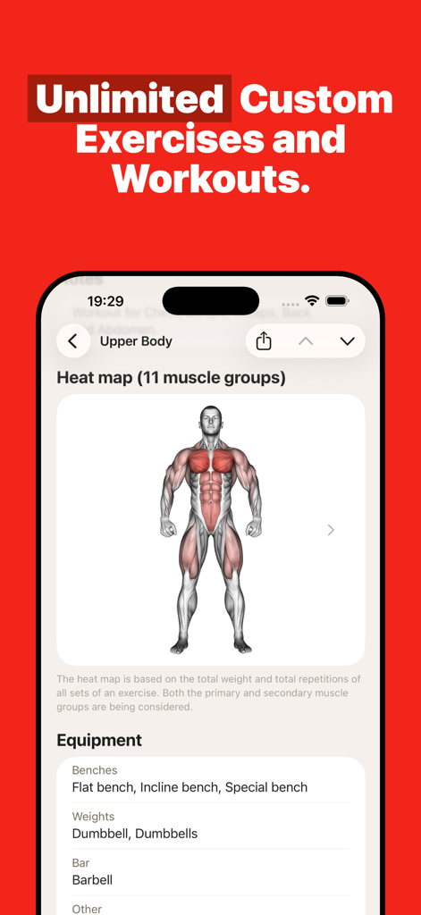 GymBook app interface showing a muscle heat map for an upper body workout and equipment list