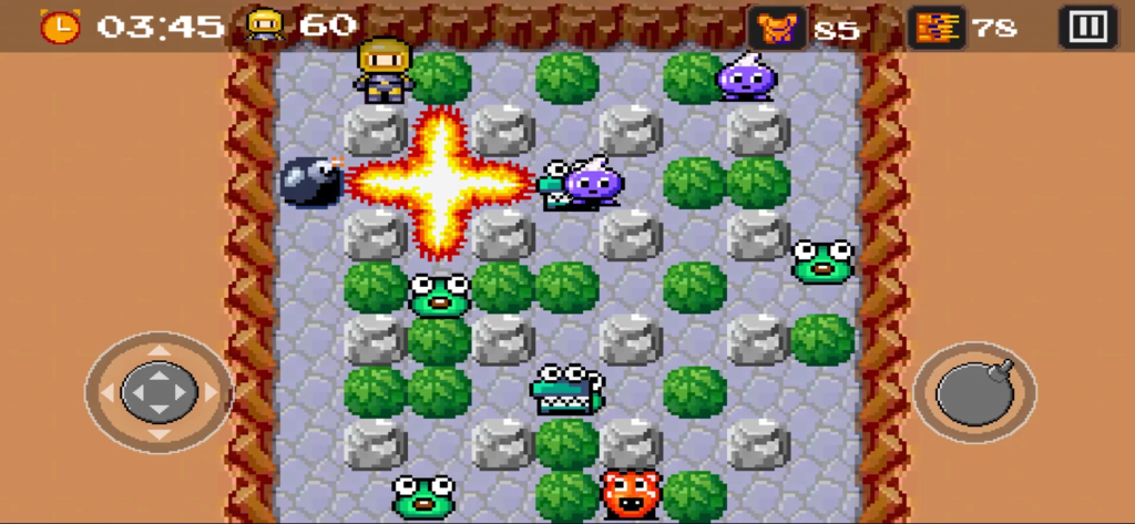Bombsquad: Bomber Battle - Juego retro de arte de píxeles de Bombsquad Bomber Battle que muestra una explosión de bomba en una cuadrícula con varios monstruos y obstáculos