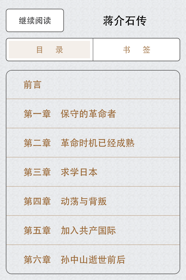 Table of contents screen of the Chiang Kai-shek biography mobile app showing chapter titles in Chinese