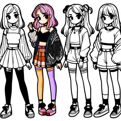 one girl with crop-top shirt and a jacket with a skirt, long socks and another girl with a shirt and pants with a jacket