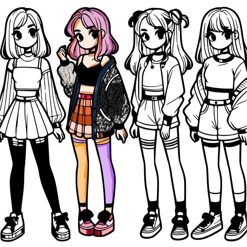 one girl with crop-top shirt and a jacket with a skirt, long socks and another girl with a shirt and pants with a jacket