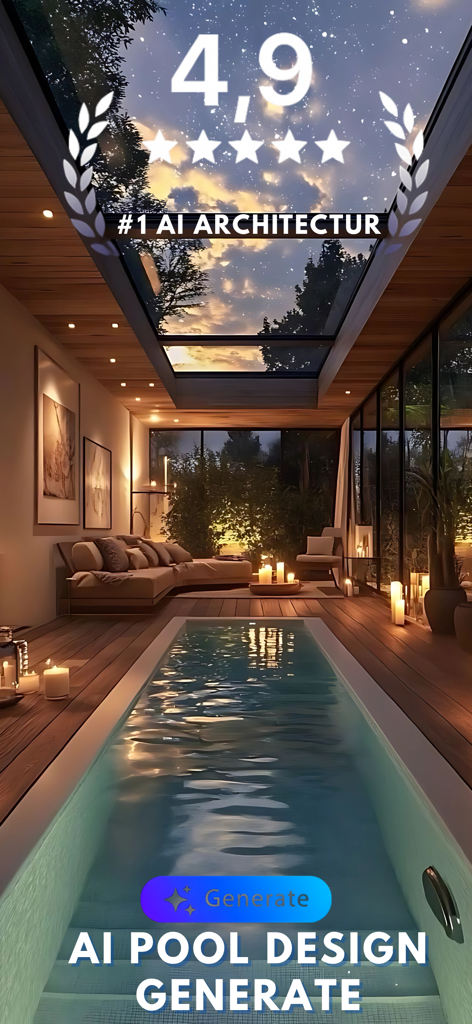 AI Pool Design: Landscape AI - Piscina interior de lujo y zona de estar con techo de cristal diseñado por IA