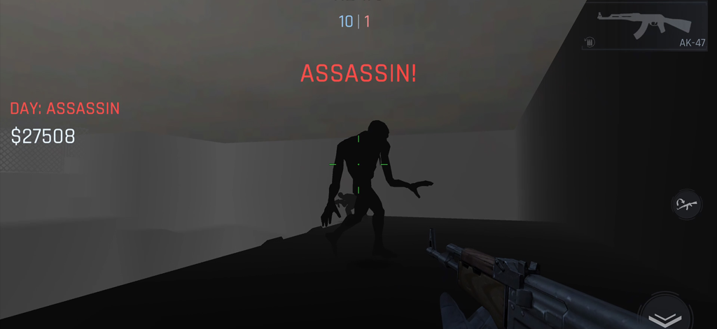 First person shooter gameplay in Kontra showing a player aiming an AK-47 at a dark assassin zombie silhouette