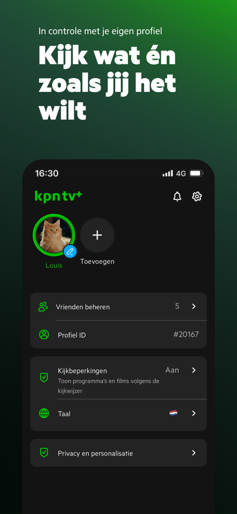 KPN TV Plus mobile App-Profil-Einstellungen-Bildschirm mit Optionen zur Benutzeranpassung