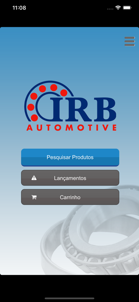 Tela inicial do aplicativo IRB Automotive Catalog mostrando opções de pesquisa de produtos e categorias.