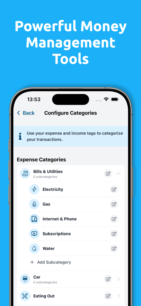 YA Money Tracker - YA Money Tracker app interface showing expense category configuration for bills utilities car and eating out