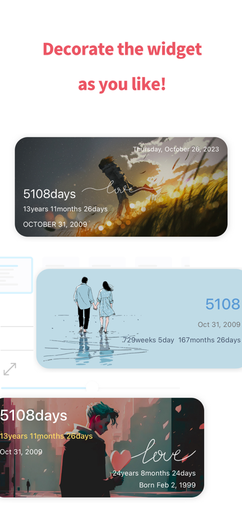 Eine Reihe von drei anpassbaren ästhetischen Widgets, die Jubiläums-Countdowns und Meilensteine anzeigen.