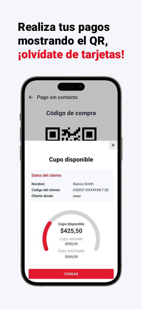 Deprati: Compras Online - Application mobile Deprati montrant un code QR pour les paiements sans contact et les détails de la limite de crédit