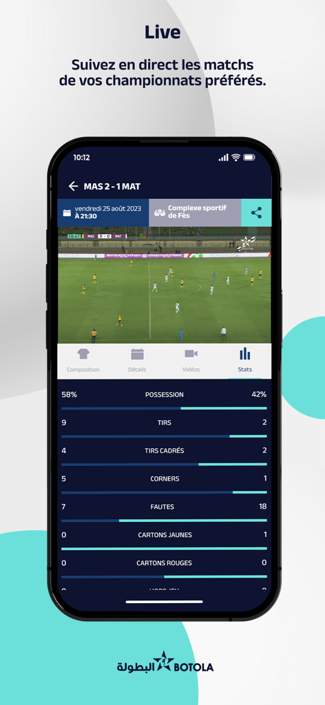 Live football match and game statistics on the Botola mobile app