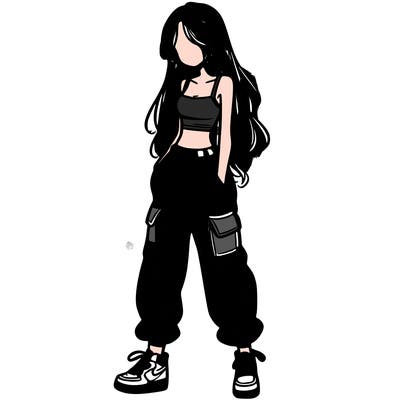 girl in baggy pants crop top and long hair