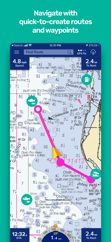 PRO CHARTS - Marine Navigation - ウェイポイントとナビゲーション統計が表示された計画されたボートルートを示す海事チャートインターフェイス。
