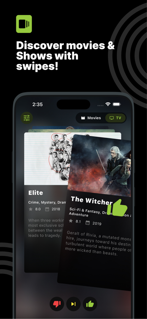 Cineswipe app interface for discovering movies and TV shows using swipe cards with like and dislike options