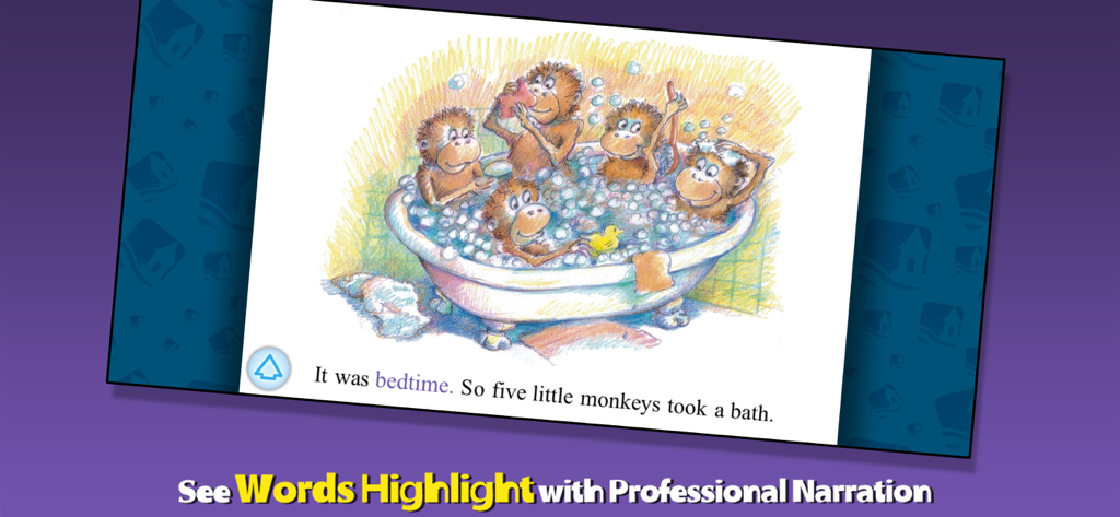 Cinco monitos bañándose en la aplicación de cuento interactivo con narración resaltada.
