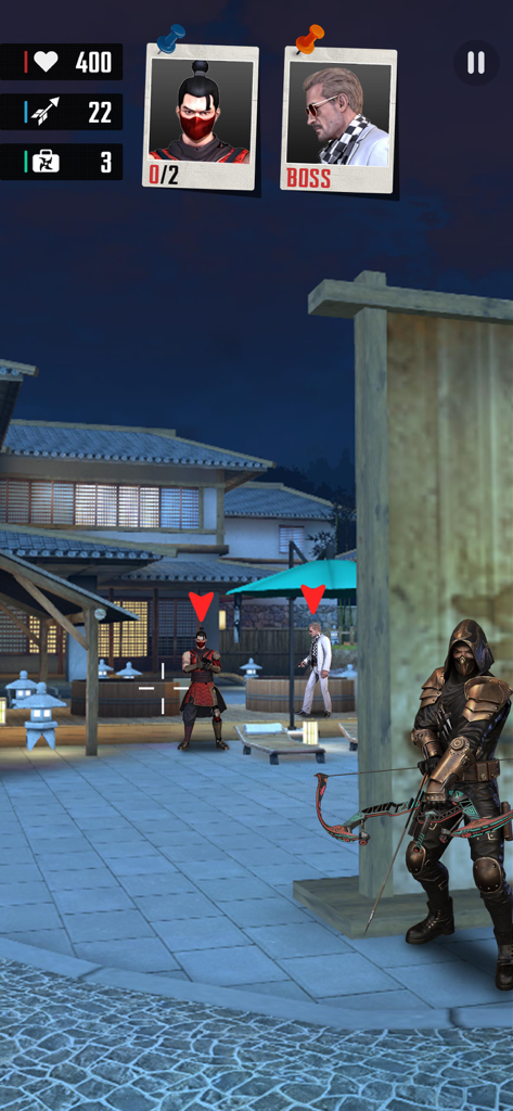 Ninja Hunt: Stealth Assassin - Un asesino ninja con un arco compuesto apuntando a objetivos enemigos desde detrás de una cobertura en un patio nocturno.