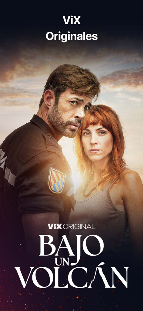 Póster promocional de la serie original de ViX Bajo Un Volcán con un hombre y una mujer