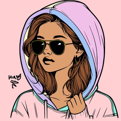 realistic teenage girl, wearing a hoodie and sunglasses