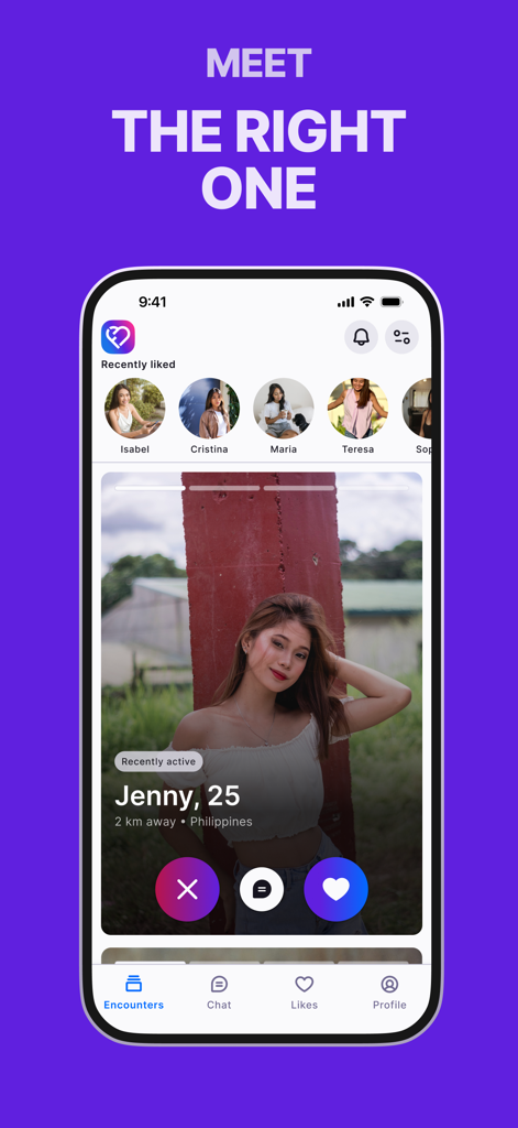 FilipinoBlush mobile app interface showing a profile discovery screen with the slogan Meet The Right One.