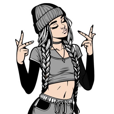 realistic teenage girl with braids and a beanie and crop top doing 🫶🏼
