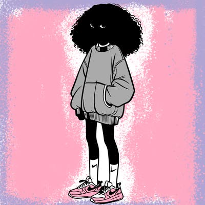 ethiopian girl with a baggy sweater and black tights with nike socks and white nike shoes