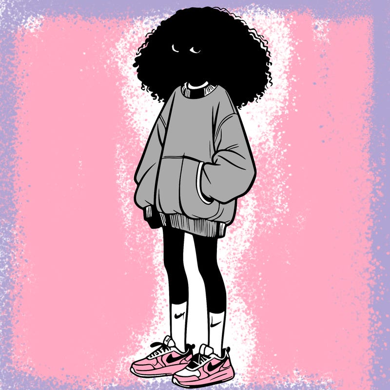 ethiopian girl with a baggy sweater and black tights with nike socks and white nike shoes