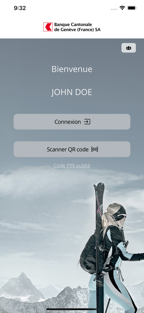 Interface de connexion pour l'application BCGEF Banque Mobile avec un message de bienvenue et un arrière-plan de montagne pittoresque
