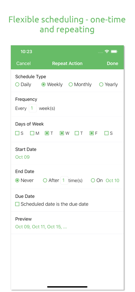Everdo: GTD and To-Do List - Everdo app interface showing flexible scheduling options for recurring and one-time tasks
