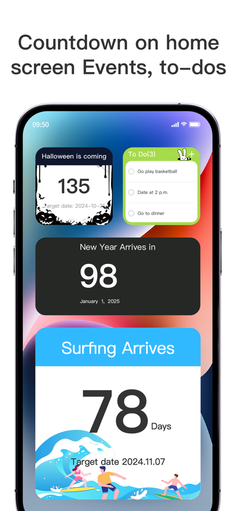Countdown：Widget & Day Counter - Customizable countdown and task list widgets on an iPhone screen