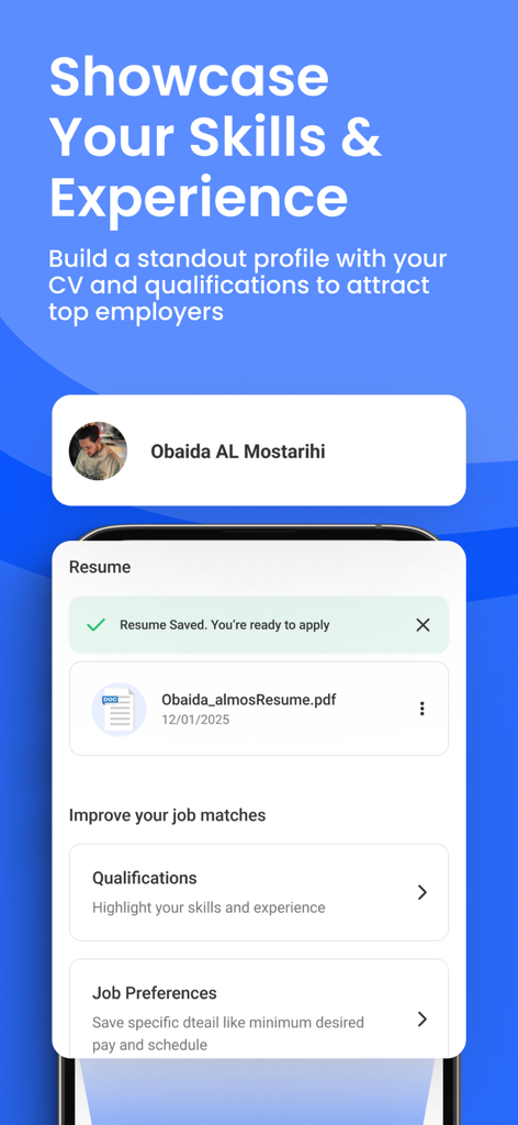 Amali - Mobile screen of the Amali app showing a user profile with resume upload and job preference settings