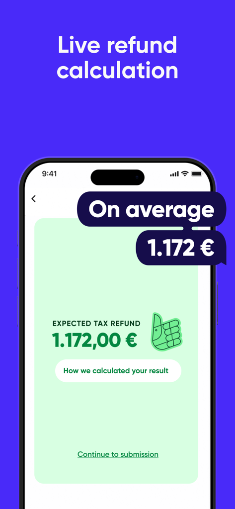 Steuerbot app screen displaying a live tax refund calculation of 1172 Euros