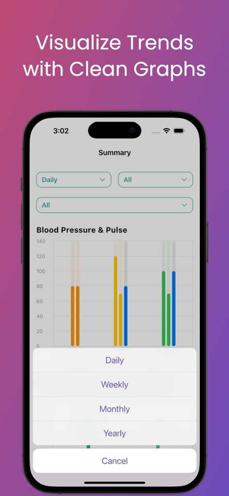 Blood Pressure Log Max - Clean bar graphs showing blood pressure and pulse trends in the app summary view.