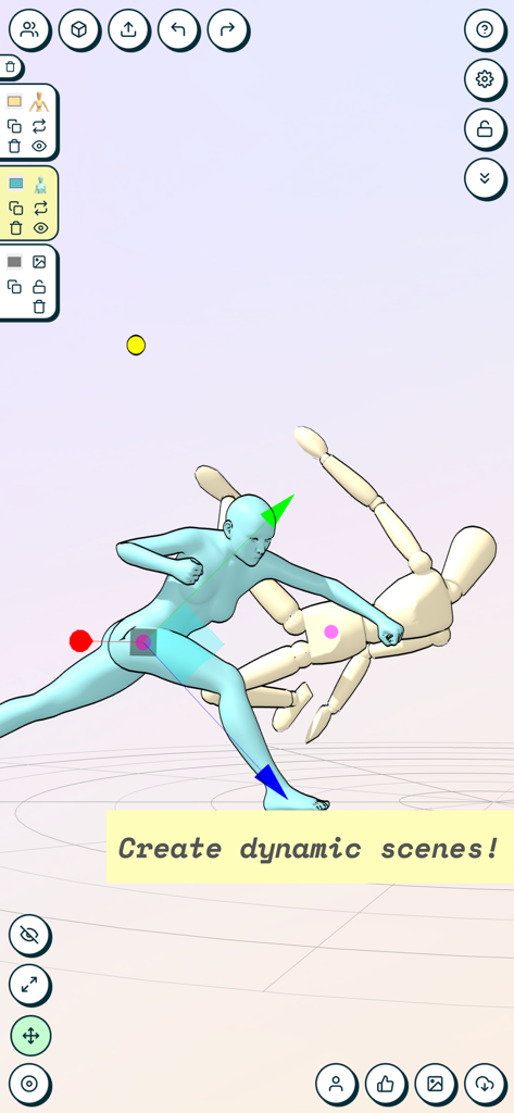 JustSketchMe app interface showing two 3D character models in dynamic action poses for art reference
