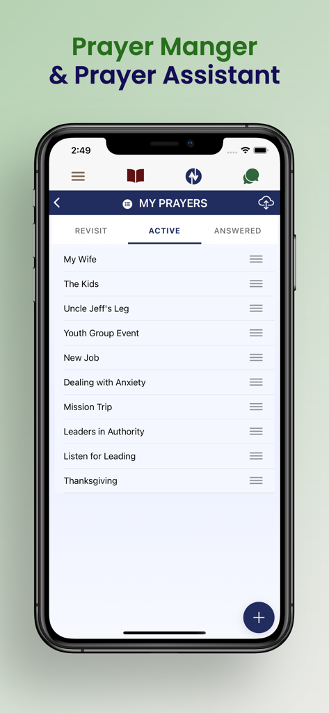 Bible Study Together - Una pantalla móvil mostrando la función de gestor de oraciones en la aplicación Estudio Bíblico Juntos con una lista de peticiones de oración activas.