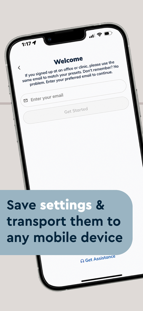 Lucid Hearing app welcome screen showing the option to save and transport hearing settings to any mobile device