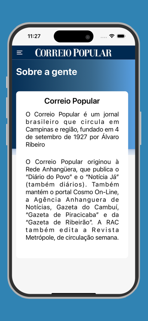 Correio Popular Digital - Sección sobre nosotros de la aplicación del periódico Correio Popular Digital