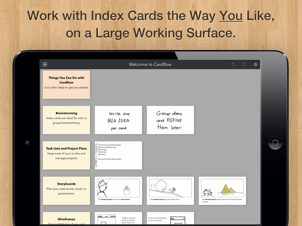 Cardflow: Index & Flash Cards - iPad screen displaying various digital index cards for brainstorming, task planning, and storyboarding in the Cardflow app.