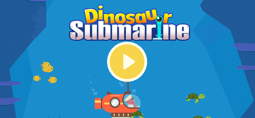 Dinosaur Submarine toddler app start screen with a play button and underwater scenery
